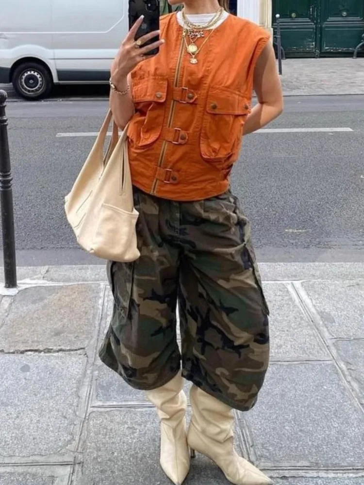 Women's Personality Street Hipster Fashion Casual Pants Summer Camouflage Workwear Style Pocket Loose Wide-leg Three-piece Pants