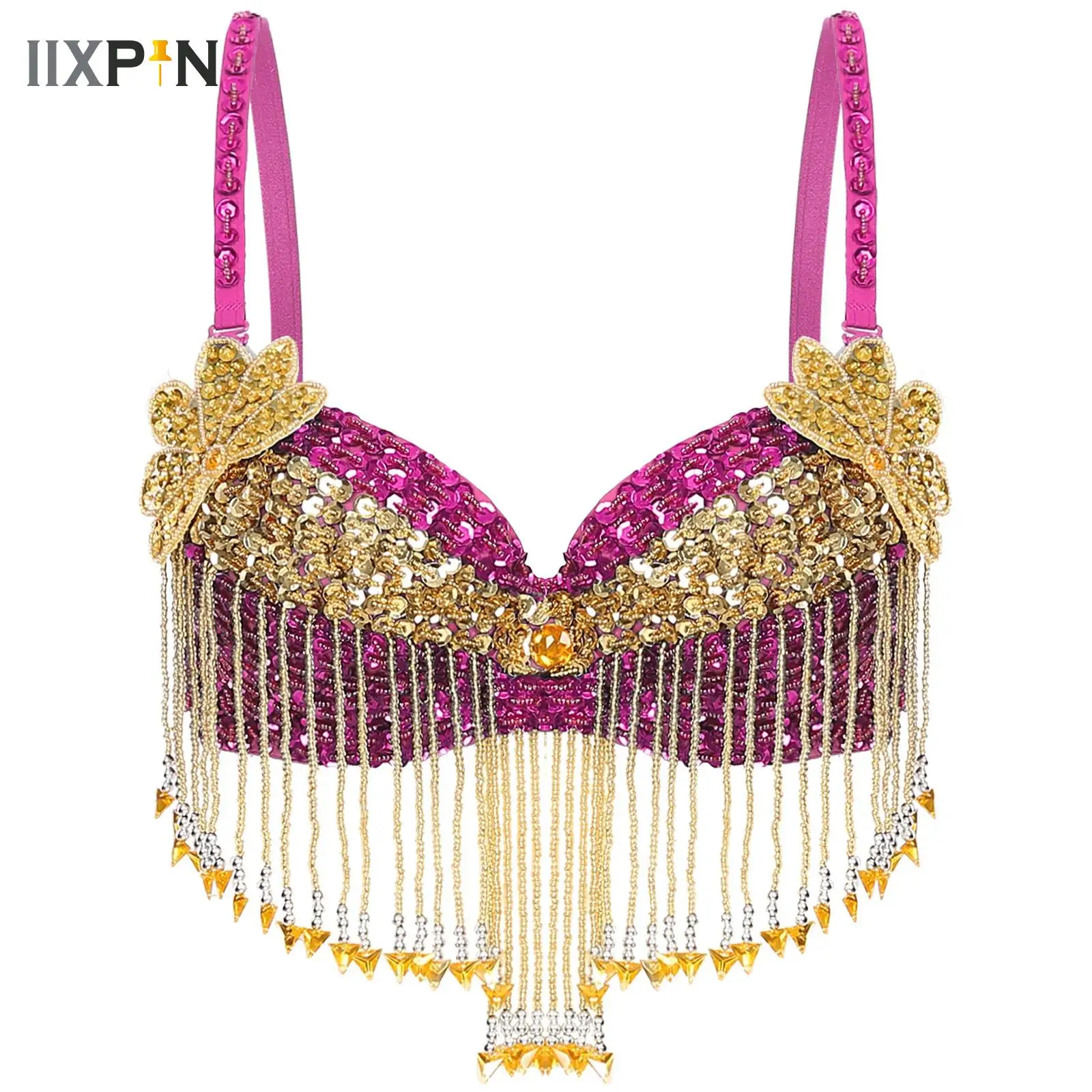 

Womens Sequin Belly Dance Bra Tops with Beaded Tassels Dance Costume for Music Festival Club Belly Dance Wear Rave Clubwear