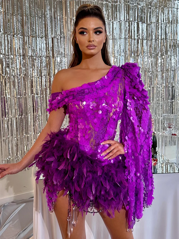 

2024 Women Sexy One Shoulder Long Sleeves Luxury Glitter Purple Sequins Cocktail Party Prom Feather Design Mini Vestidos