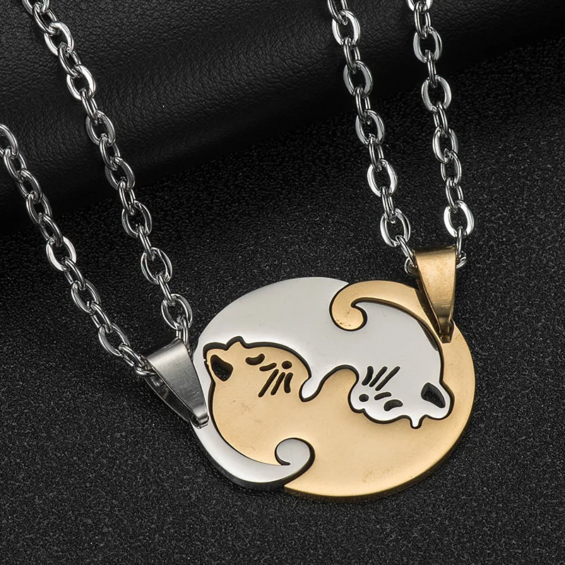 Fashion Love Cat Couple Splice Necklace Boy Girl Student Pendant Simple Necklace