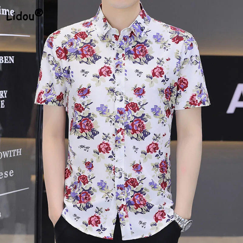 

Korean Casual Trend Floral Printed Short Sleeve Shirt for Men Fashion Vintage Polo-Neck Single-breasted Shirt Male Clothes 2023