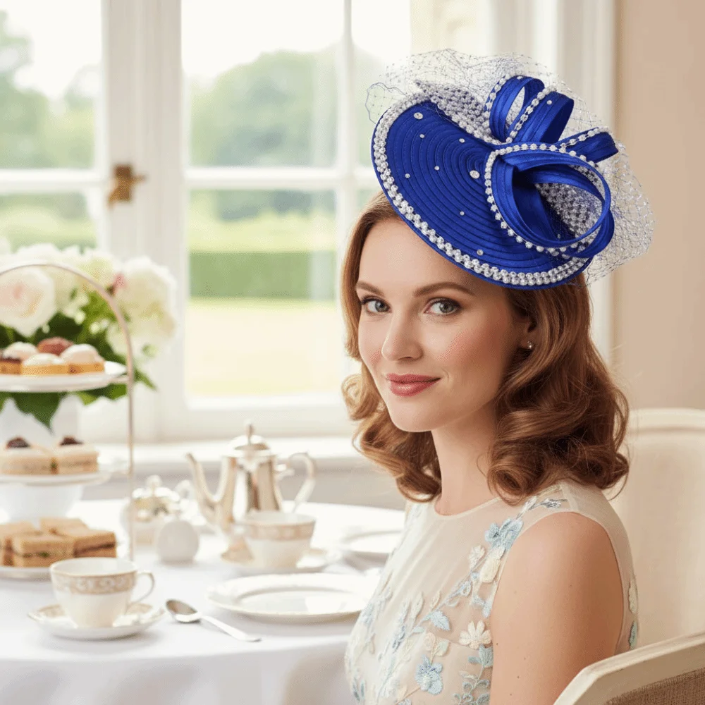 Rhinestone Studded Fascinator Hat Satin Ribbon Detachable Birdcage Veil Headpiece Vibrant Color Bowknot Design Derby Fascinator