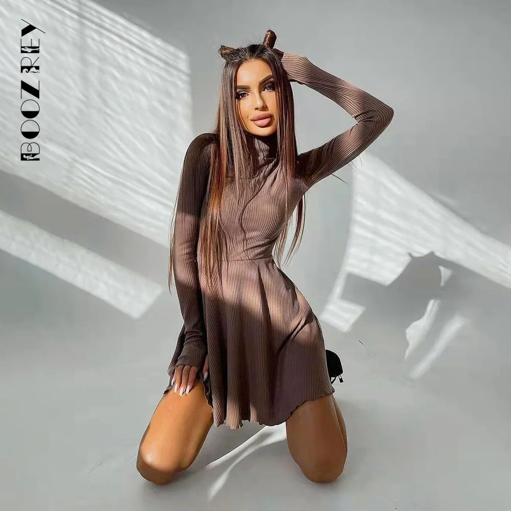 BoozRey-Robe plissée à col roulé pour femme, manches longues, jupe trapèze, streetwear décontracté, monochrome, élégant
