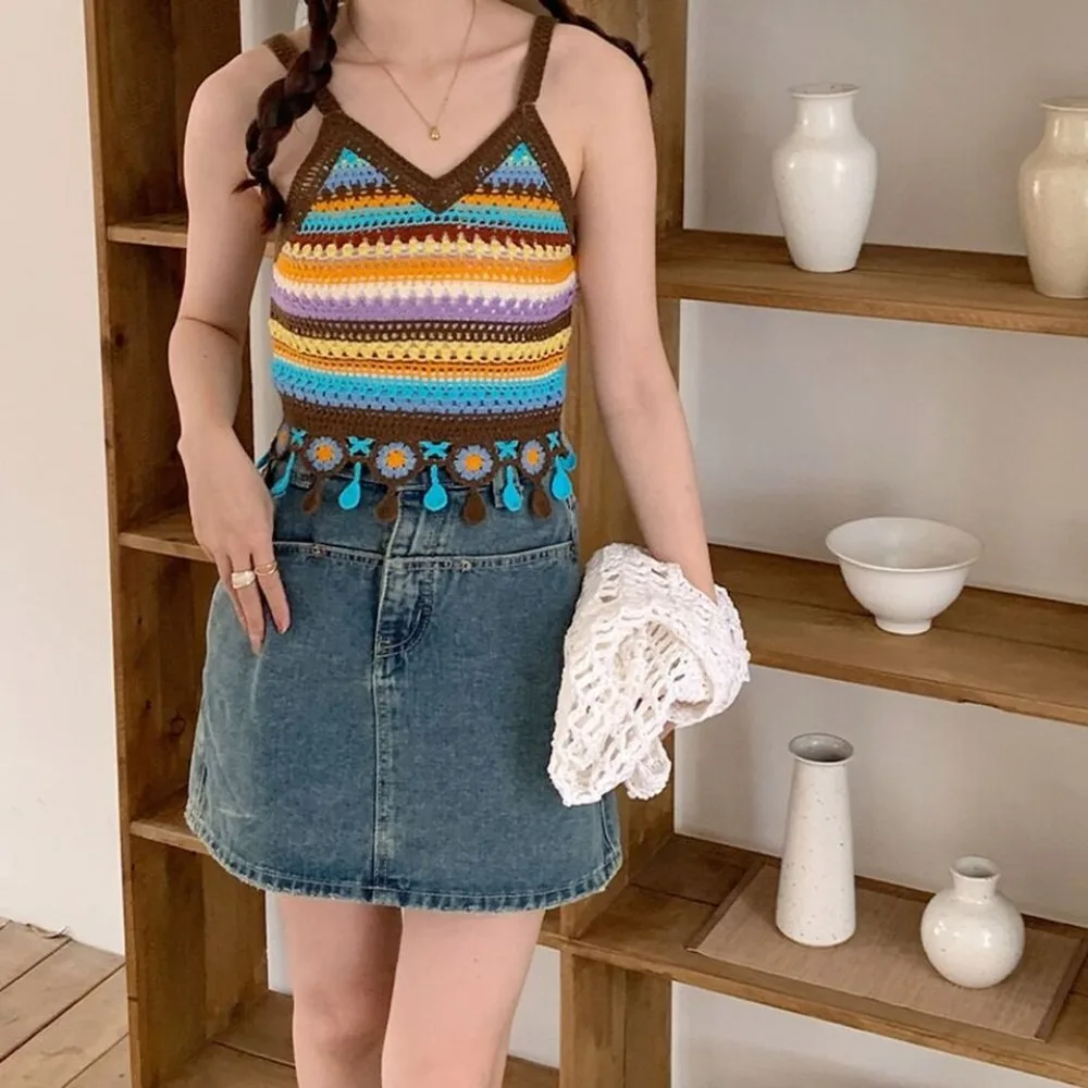 

French Style Embroidered Knitted Vest Loose Fitting Extravasation Hollow Stripe Camisole Unique Sleeveless