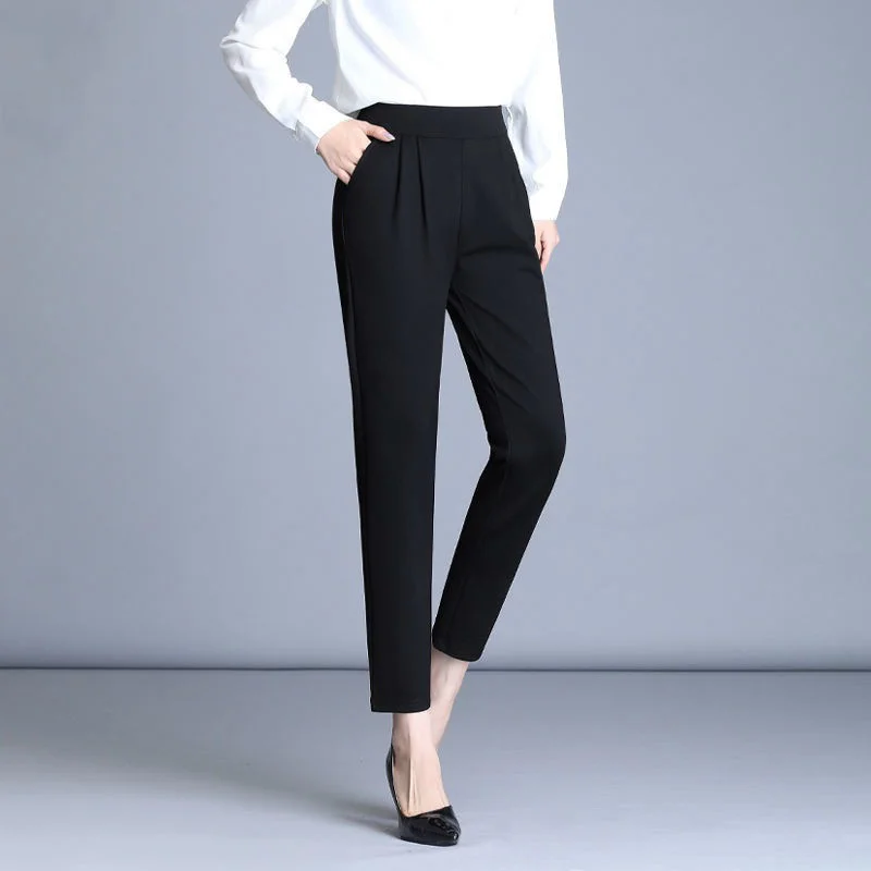 

Office Lady Slim Trousers Women Casual Fashion Cropped Pants 2023 Spring Summer Elegant High Waist Elastic Pockets Solid Pants