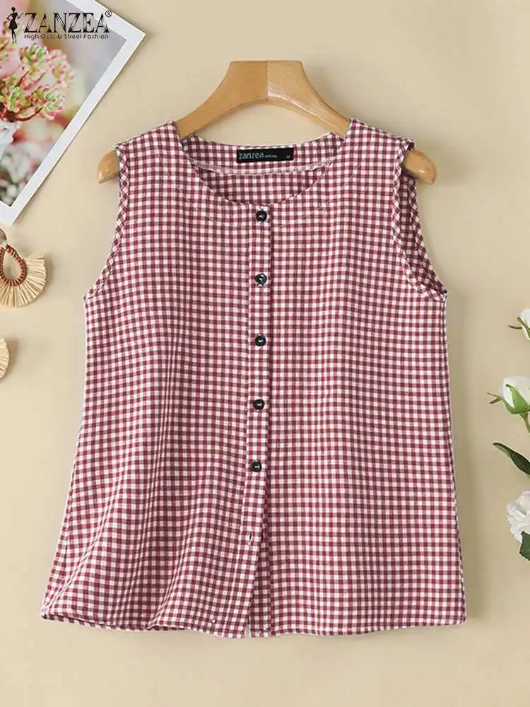 ZANZEA Summer Round Neck Pockets Vest Women Sleeveless Buttons Camis Tank Tops Korean Check Tanks Blouse Vintage Holiday Tanks