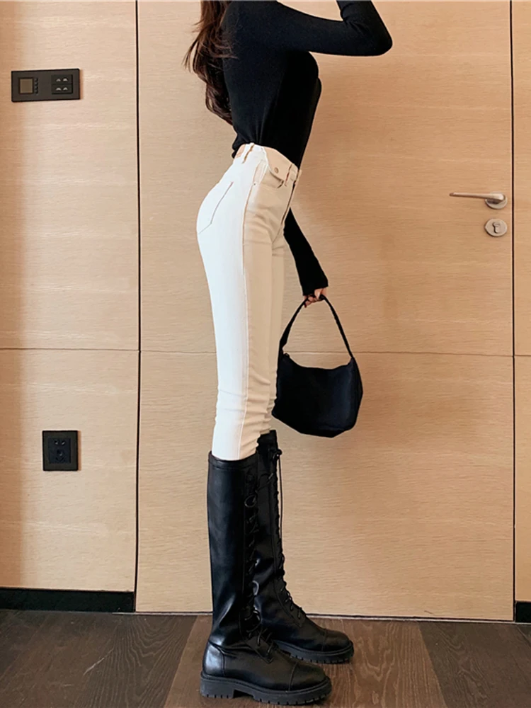 Vintage Korean Retro White Skinny High-Waisted Fleece Jeans Women Slim-Fit Streetch Pencil Pants Trendy Denim Trousers Female