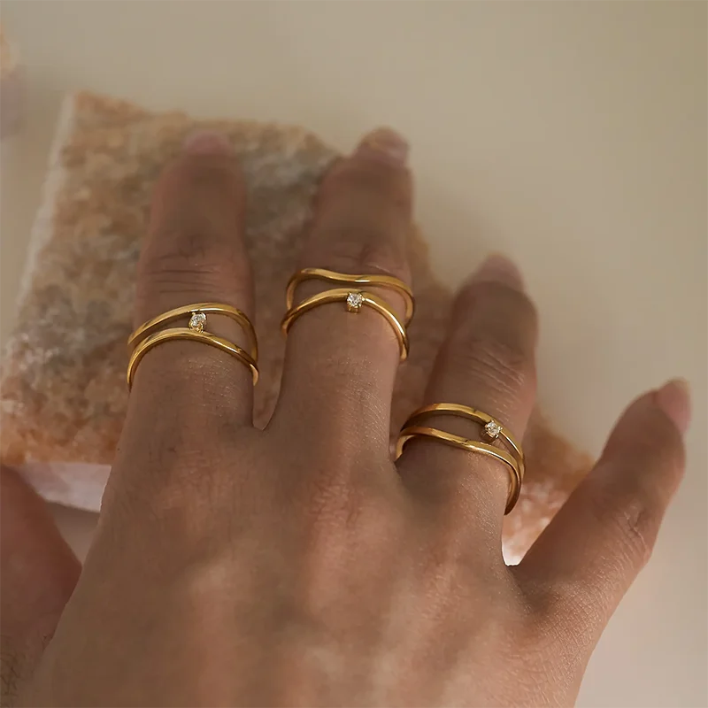 Double layered cz stone thin rings stainless steel rings for women minimalist dainty stainless steel jewelry new in 2024