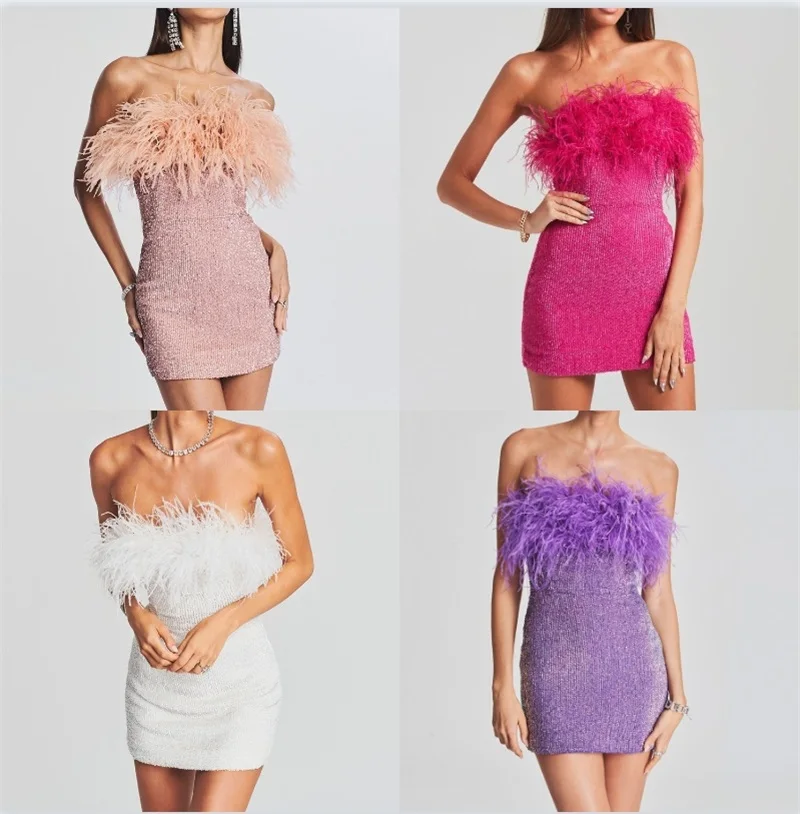 Ostrich Feather Women Prom Dress Formal Bling Sequin Sexy Short Mini Evening Party Gown Sleeveless Pageant Robes In Stock