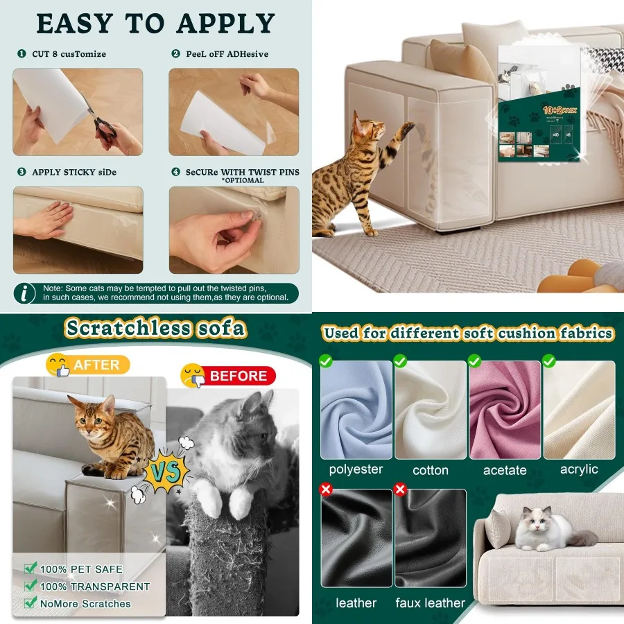 

12 Pack Waterproof Cat Scratch Protector for Furniture Clear Anti-Scratch Tape for Cats Couch Corner Shield Cat Scratch Deterre