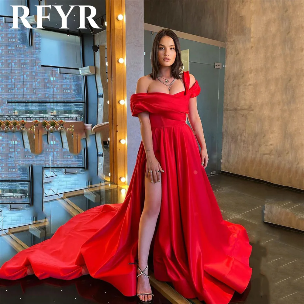 

RFYR Red Prom Dress With High Split Stain A Line فساتين السهرة Off the Shoulder Party Dress Sexy V Neck Wedding Darty Dresses