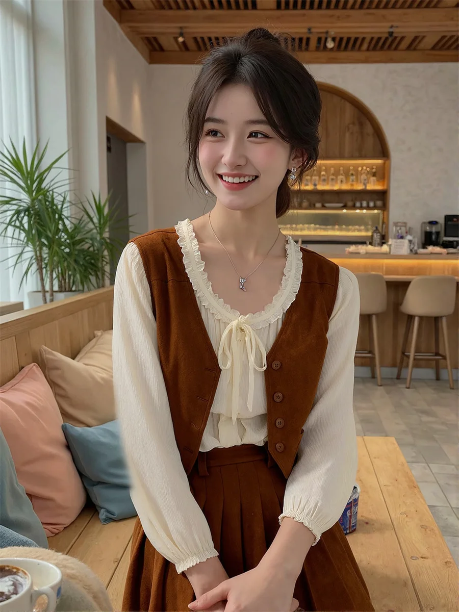 

Women'S Waistcoats Vests Crop Tops For Woman Brown Autumn Thick Fall Drawstring Waisted Baggy Sleeveless Fashion Female Ladies