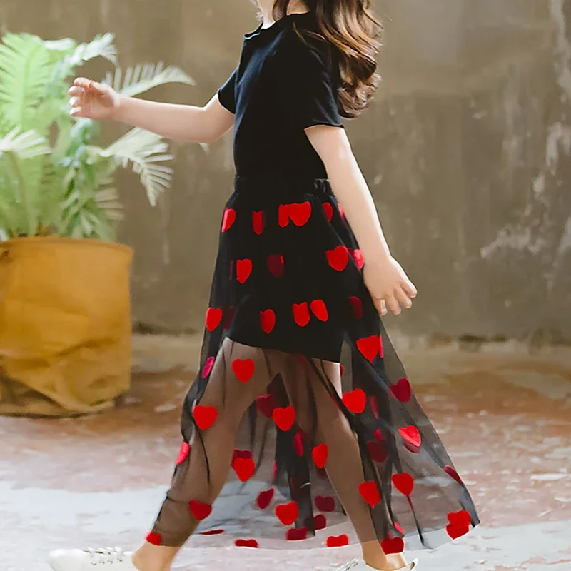 

Girls Heart Embroidery Long Maxi Tutu Skirt For Teenager Kids Girls Summer Black Tulle Girl Belly Dance Skirts Children Clothes