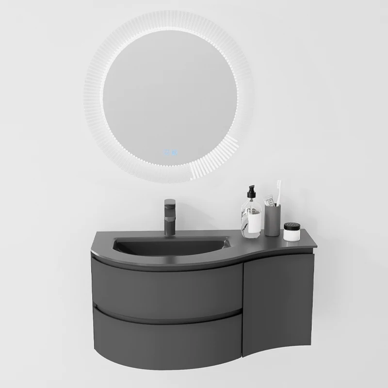 Extremely narrow big belly arc bathroom cabinet hand wash basin solid wood paint wash cabinet tempered glass integrated basin