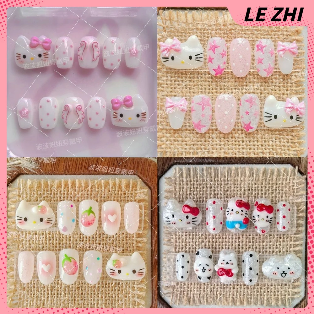 

Cartoon Cute Hello Kitty Pom Pom Purin Handmade Press On Nails Stars Wings Cream Dessert Bowknot Diamond Polka Point Fake Nails