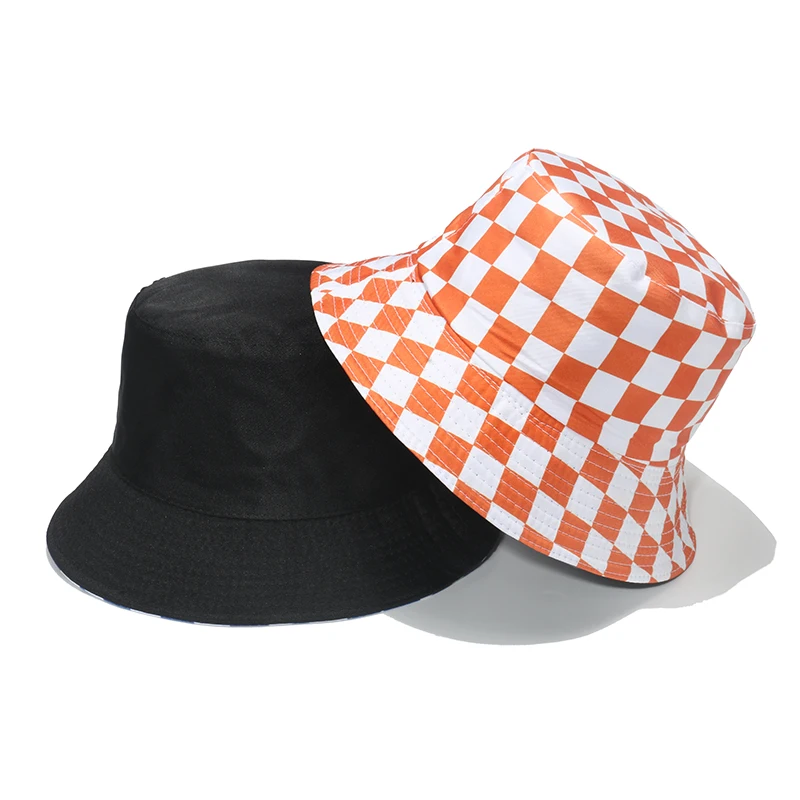 FOXMOTHER New Fashion Women Men Summer Black Red Fisherman Caps Reversible Outdoor Plaid Check Bucket Hat Dropshipping