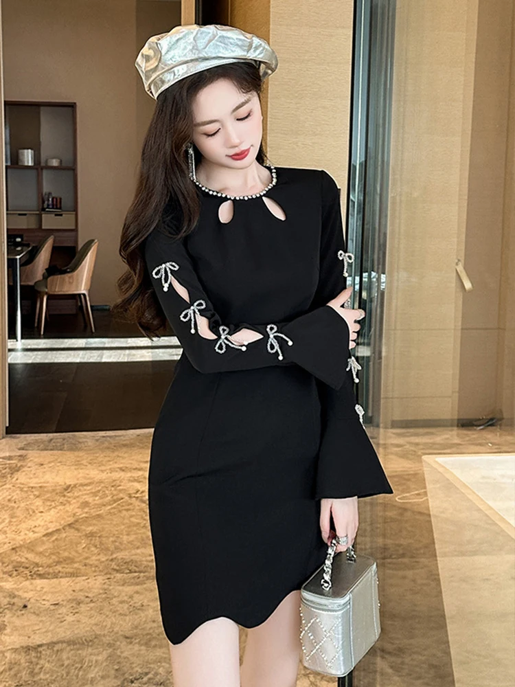 Elegant Sexy Party Dresses Women Clothing Sweet Luxury Pearl Bow Cut Out Black Short Gown Feminino Banquet Club Vestidos Mujer