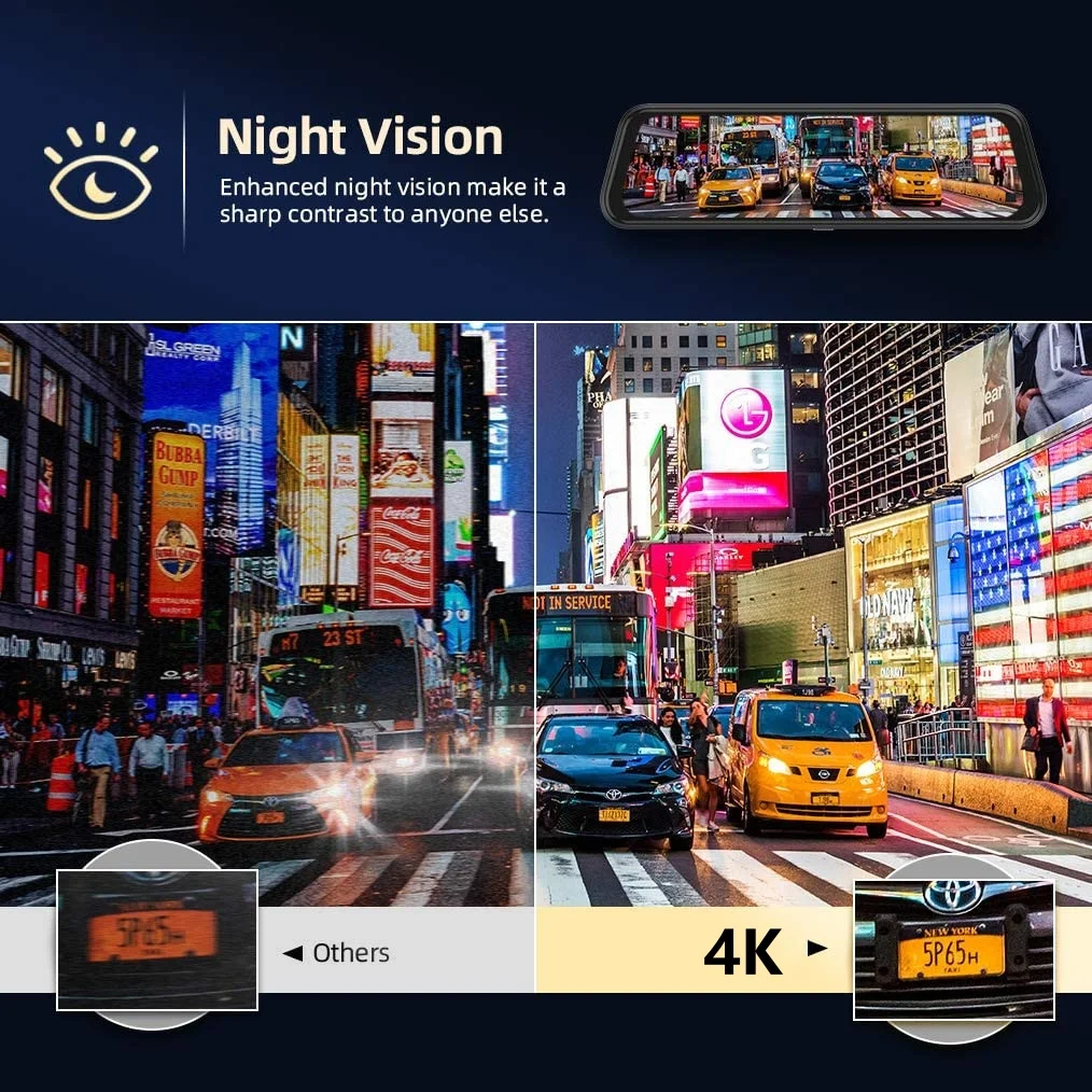 9.66 بوصة 4K 3840*2160P جهاز تسجيل فيديو رقمي للسيارات داش كام واي فاي نظام تحديد المواقع APP مرآة الرؤية الخلفية 1080P كاميرا السيارة ، WDR ، APP WIFI رؤية ليلية فائقة #2