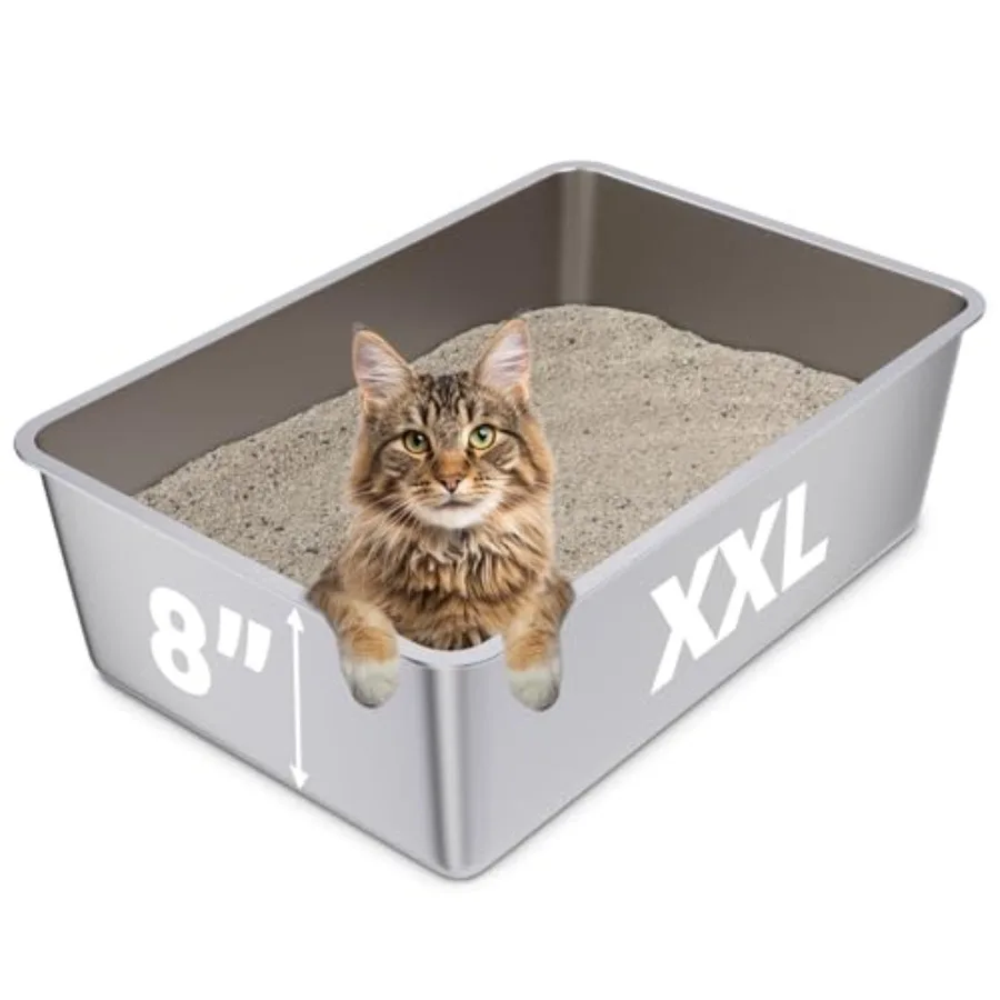 

XXL кошачий лоток из нержавеющей стали 23,6x15,8x8 для больших кошек, очень большой металлический лоток глубиной 8 дюймов с антипригарной поверхностью, легко