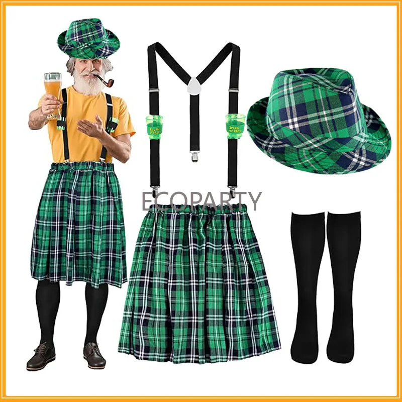 

St. Patricks Day Costume Set Green Plaid Skit Suspenders Hat and Socks Irish Festival Party Favor Patrick's Day Dressing up Set