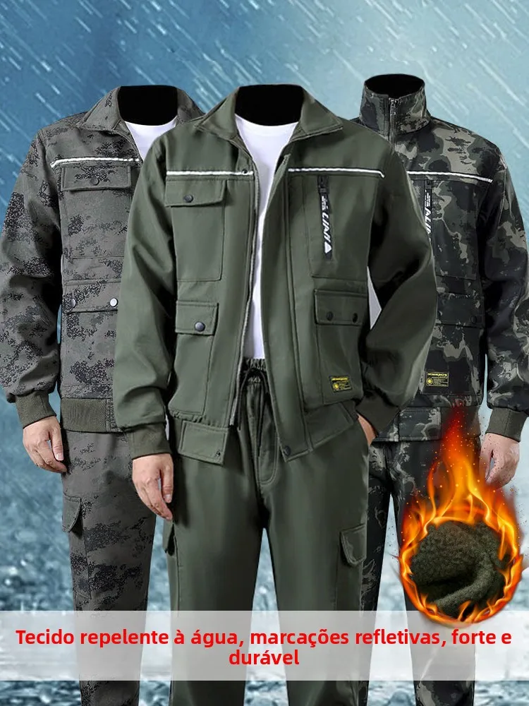 厚手フリース冬用迷彩作業服セット-防水保温労働保護スーツ-工場作業員用-長袖ジッパー付き