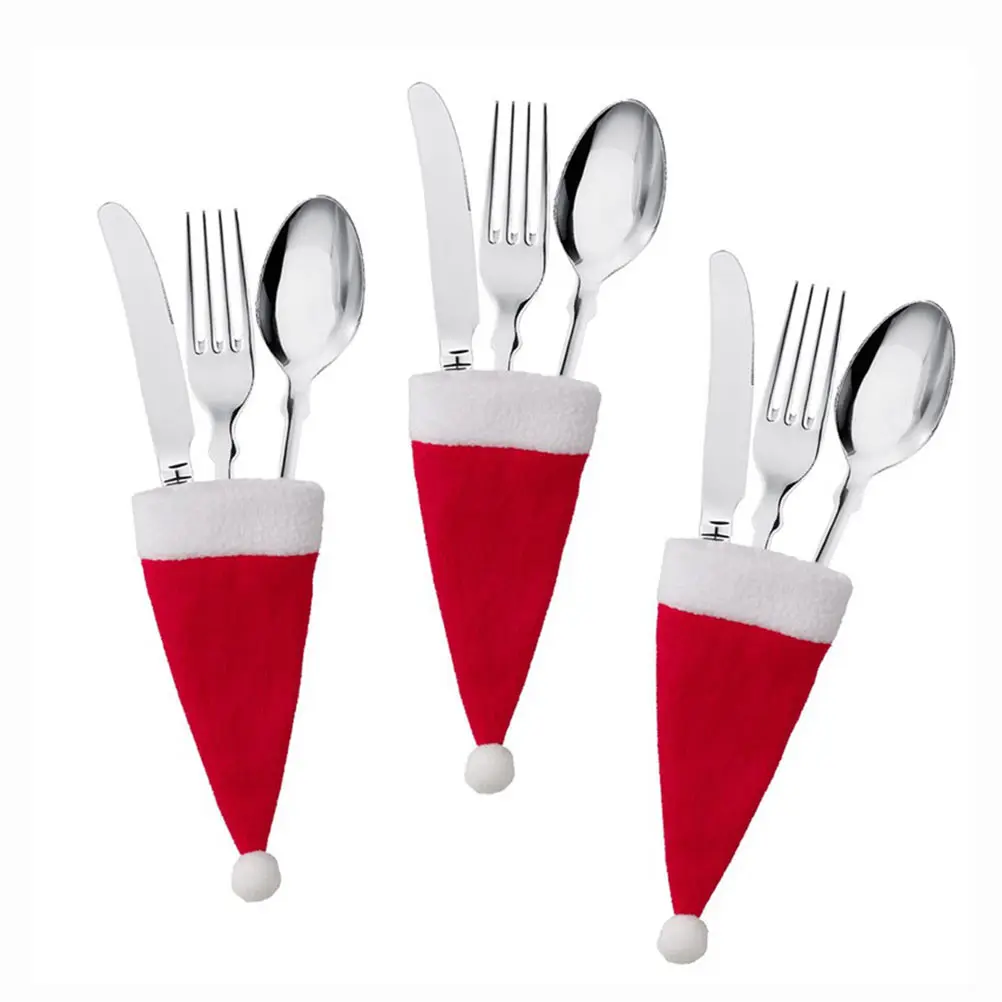

48pcs Cloth Cutlery Covers Xmas Hat Style Forks Knives Covers Red Wine Bottle Hats Tableware Decor Christmas Party