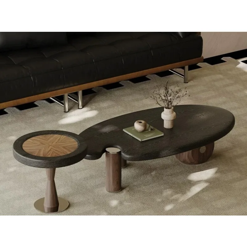 Medieval style coffee table, living room wabi-sabi style retro high-end atmospheric design oval ink boat coffee table