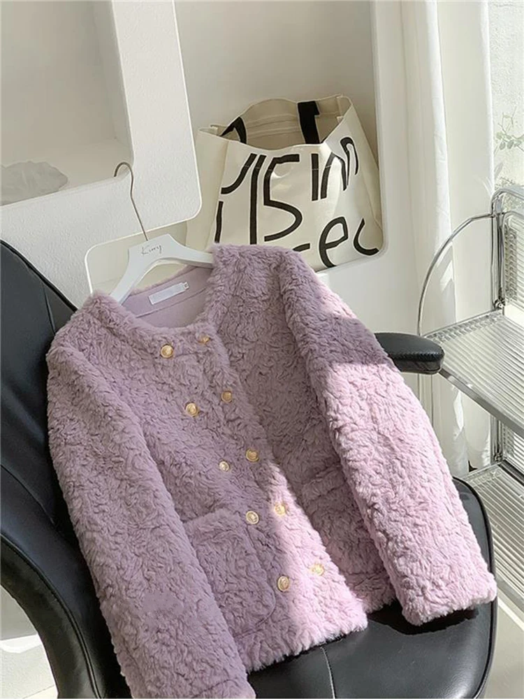 Moda falso lã de cordeiro jaqueta de pele feminina outono duplo breasted o pescoço colheita casaco feminino coreano elegante macio pele do falso outerwear