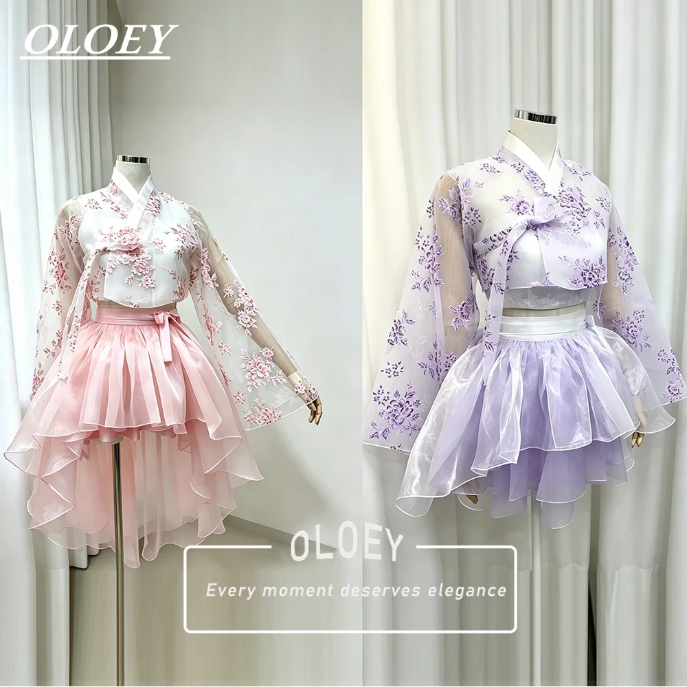 OLOEY Modernes Blumenmuster Kurzes Konzert-Hanbok 2026 Koreanisches Fotoshooting-Performance-Kleid Maßgeschneidertes 3-teiliges Set Top Jacke Minirock