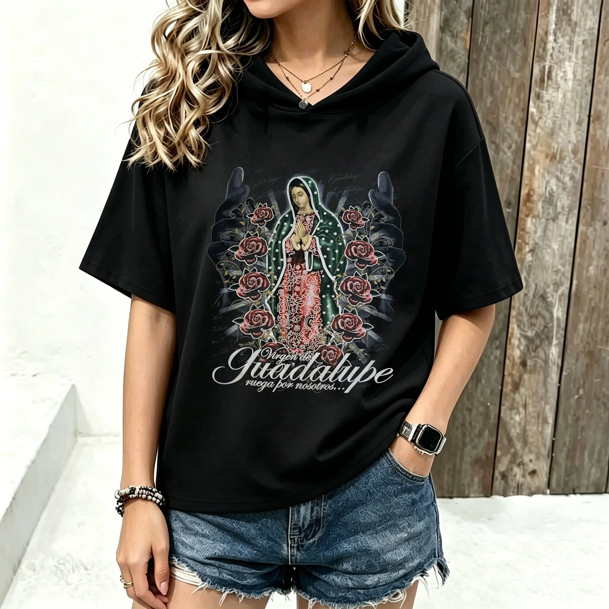 Plus Size Black Guadalupe Print Tee Shirt, Casual Round Neck Short Sleeve Short-sleeved hoodie, Medium Stretch Regular Fit Top For Women, Perfect For Everyday Or Party Wear With A Delicate Touch Of Design,Unisex