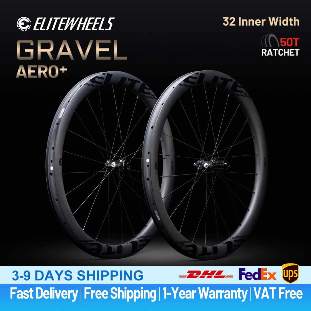 Najnowsze koła ELITEWHEELS Aero+ Gravel z lotkami, 20 szprych, system zatrzaskowy 50T TPI, piasta z łożyskami, szerokość wewnętrzna 32 mm, karbonowy zestaw kół.