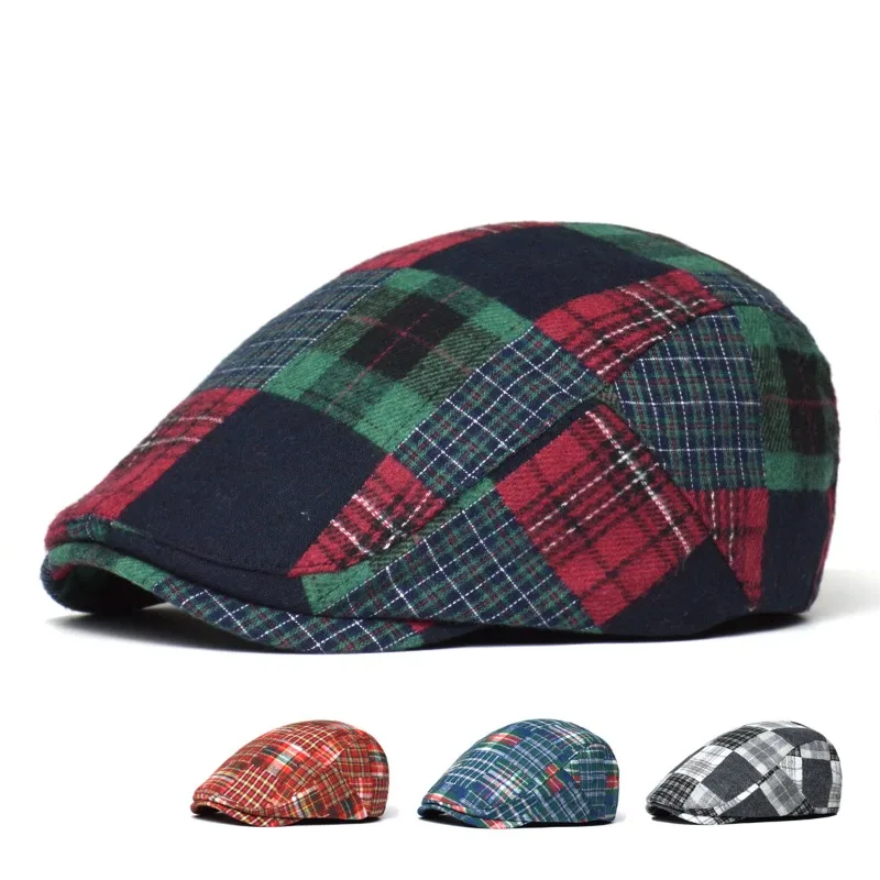 Tartan Plaid Newsboy Cap Vintage Color Block Ivy Flat Cap British Style Gatsby Hat Soft Casual Autumn Winter Driving Beret Hat