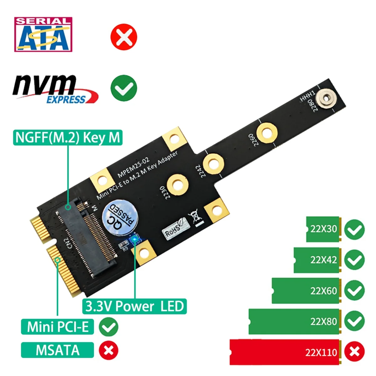 AT87-Mini PCI-E to M.2 M Key Adapter Mini PCIExpress to NVME SSD Converter Riser Board Карта расширения для 2230 2242 2260 2280