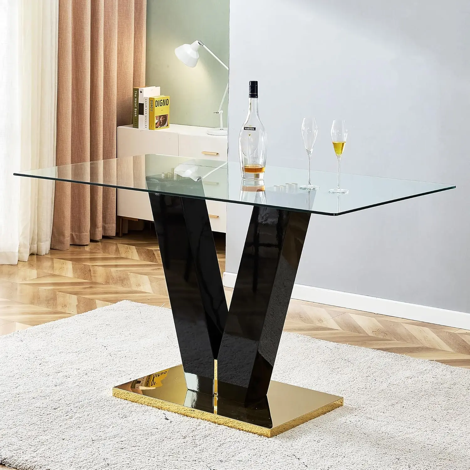 

63.00" Modern Glass Table with Rectangular Tempered Tabletop,Dinner Desk Set for 6-8 People