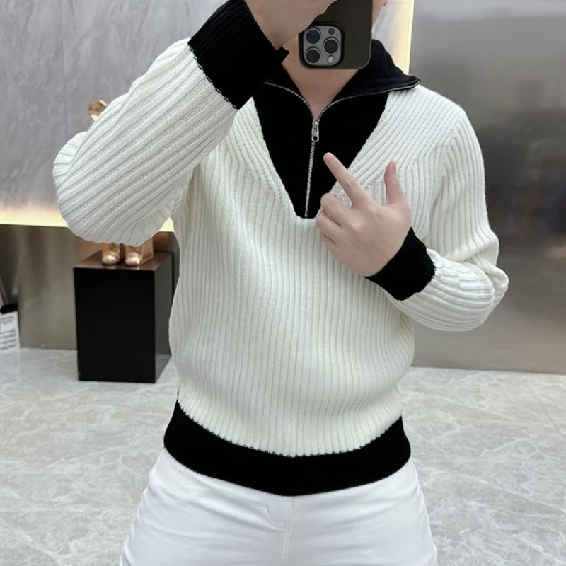 Masculino coreano moda preto branco contraste cor negócios casual camisola de malha meio zíper gola polo manga longa pullovers finos