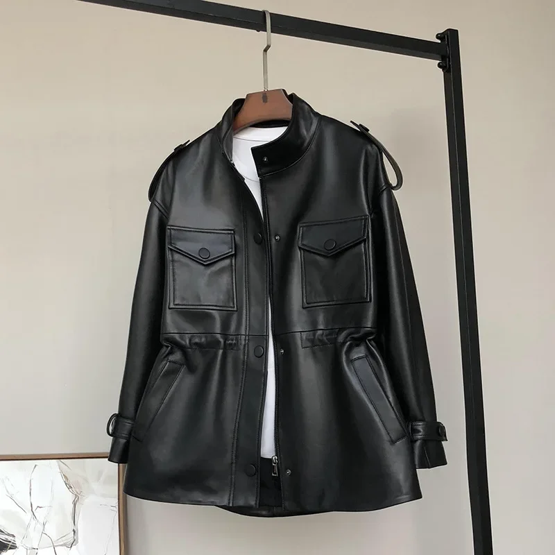 Women Mid Length Waist Collection Genuine Leather Jacket Sheep Leather Windbreaker Jacket