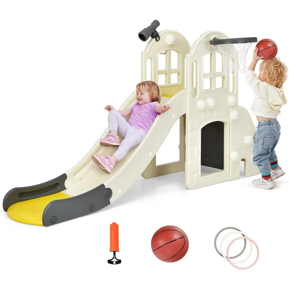 Toddler Multi-Functional Large Slide with Basketball Hoop, Ring Toss, and Convertible Climbing Features