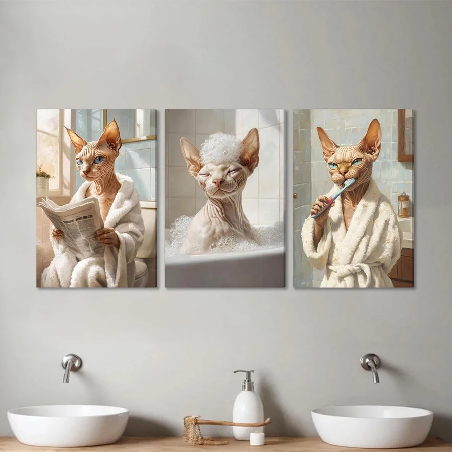 3pcs Funny Bathroom Cat diamond embroidery cross stitch full drill diamond painting Sphynx Cat triptych mosaic Wall Decor art