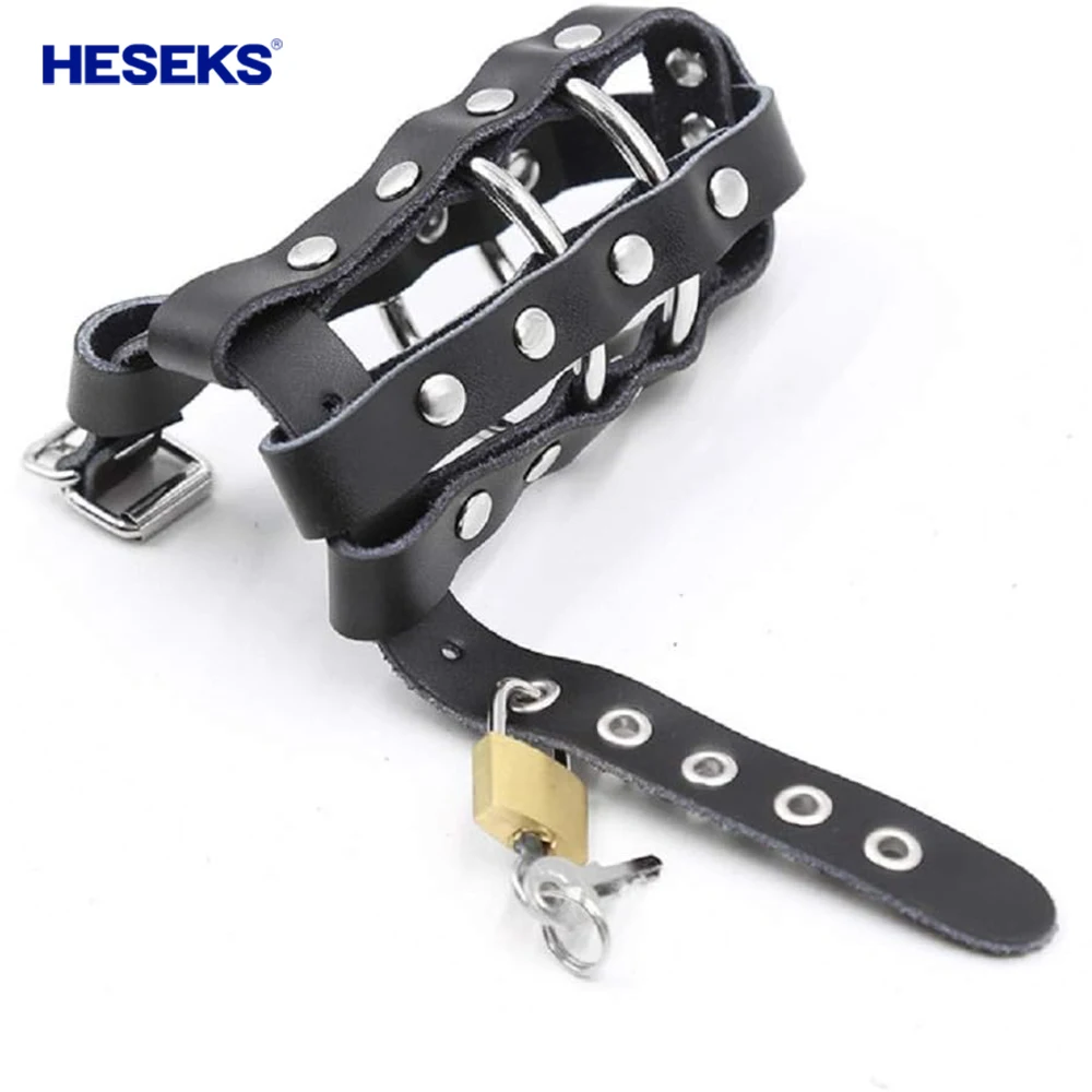 HESEKS Fetish Leather Penis Locks Adjustable Buckle Cock Cage Metal Locked Penis Ring Chastity Device Adult Sex Game for Men Gay