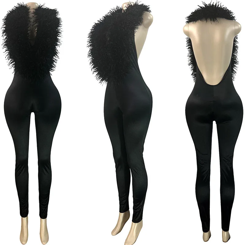 Combinaisons d'hiver Sexy à col en v profond pour femme, dos nu, sans manches, plumes, slim, en Satin, moulante, barboteuse, salopette de boîte de nuit