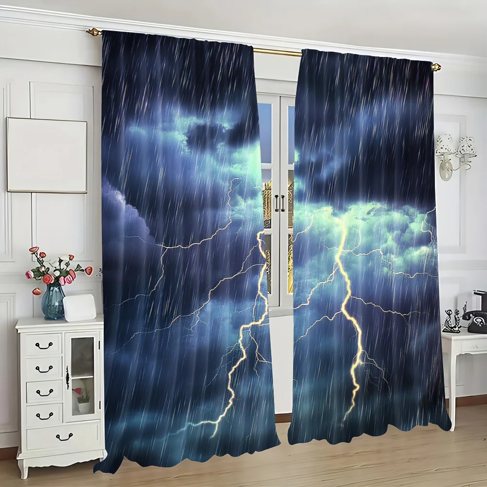 2Pcs Curtain Dark Clouds In The Sky Heavy Rain Thunder And Lightning Curtain Suitable For Living Room Bedroom Kitchen And