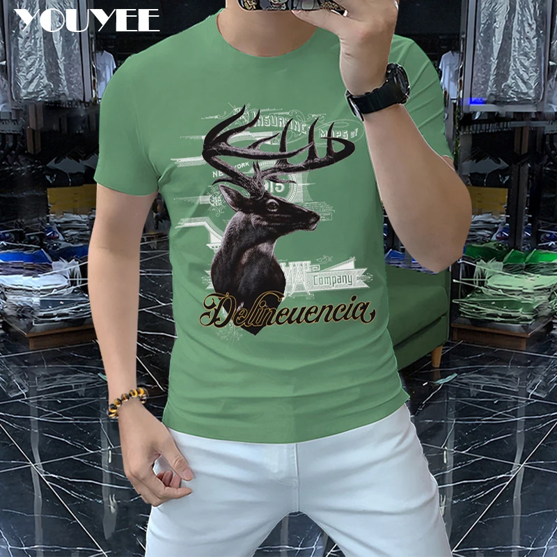 Summer New Design Men\'s T-shirt Deer Printed Fashion Male Mercerized Cotton Tees Comfortable High-quality Man Top Green Clothing