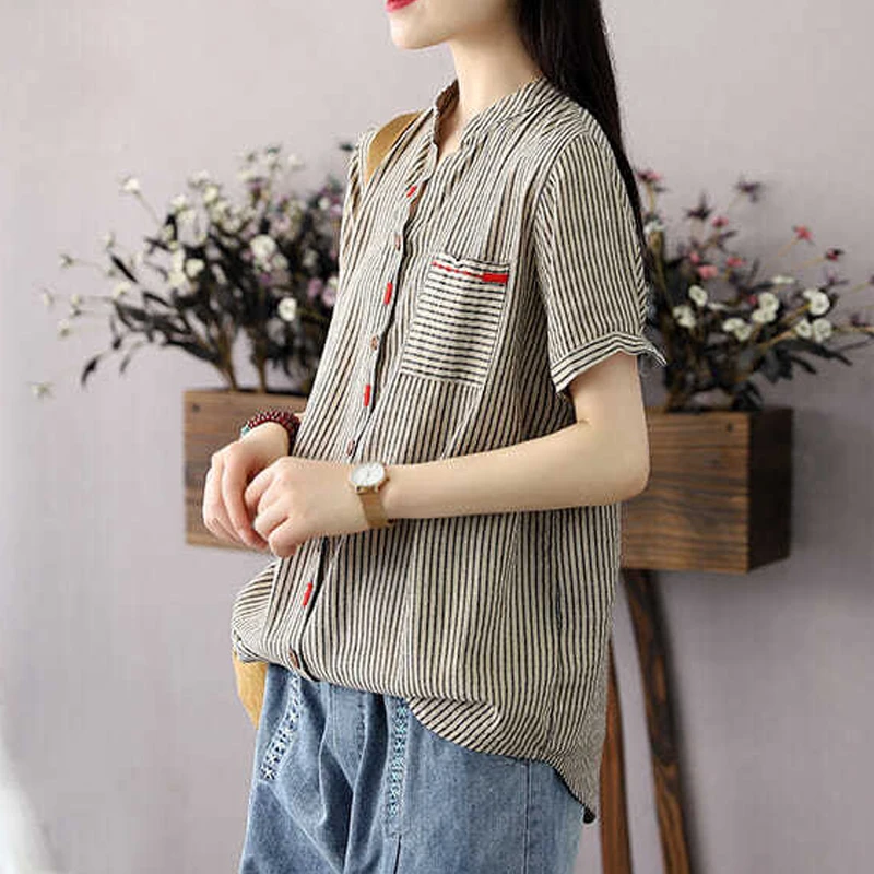 Women Japanese Vintage Striped Print Embroidered Cotton Button Shirts Summer Stand Collar Short Sleeve Blouse Loose Blusas Ropa