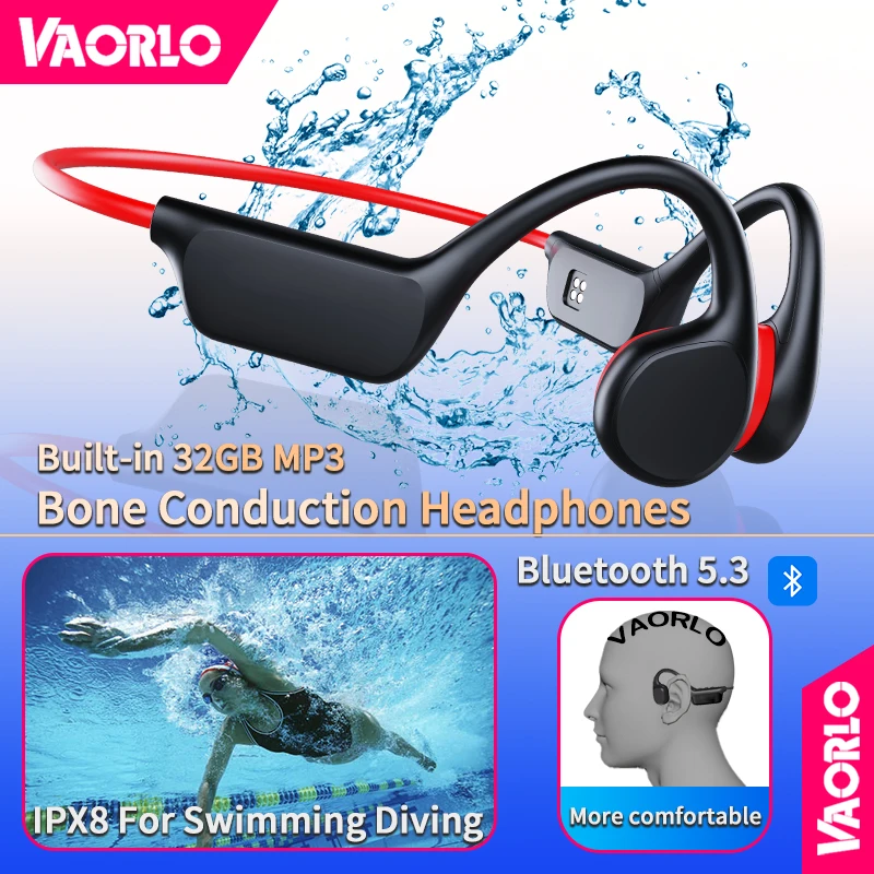 

Bone Conduction Headphones Bluetooth 5.3 IPX8 Waterproof Built In 32GB Memory Ear Hook With Mic HIFI Stereo For Swimming Diving
