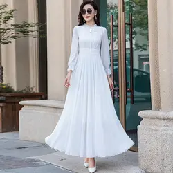 Red Chiffon Long Sleeved Dress for Women's Spring and Summer New Style Temperament Long Skirt with High-end Feel White Retro