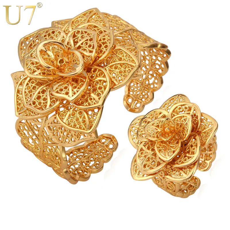 U7 2pcs/set Big 3D Rose Flower Ring Bangle Cuff Set for Woman Adjustable Multiple Petal Bracelet Date Anniversary Jewelry QC24