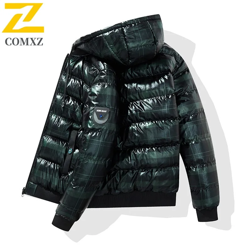 سترة مبطنة للرجال من COMXZ، مع قلنسوة للتزلج في الهواء الطلق، سترة سميكة دافئة، تصميم لامع، معطف شتوي خفيف الوزن للسفر #5