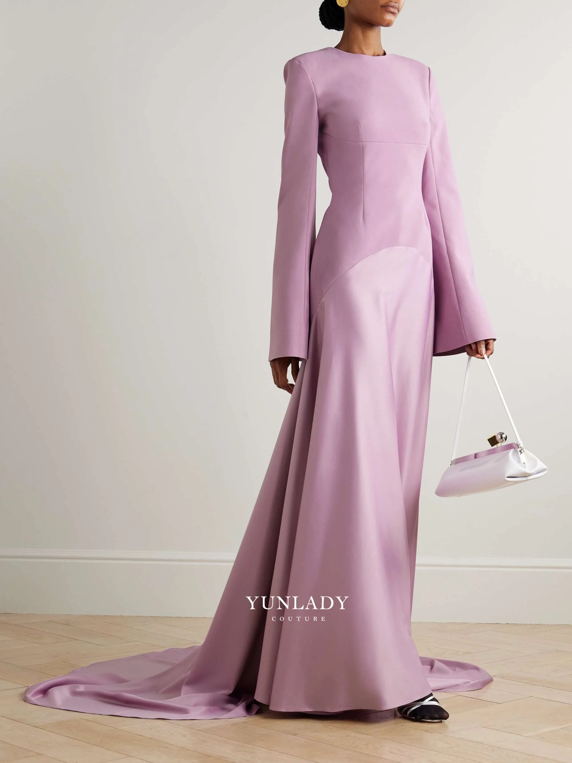 YUNLAN Gorgeous Dubai Women's Purple Mermaid Satin Evening Gown 2025 Saudi Arabia Wedding Party Guest Bell Sleeve Dress