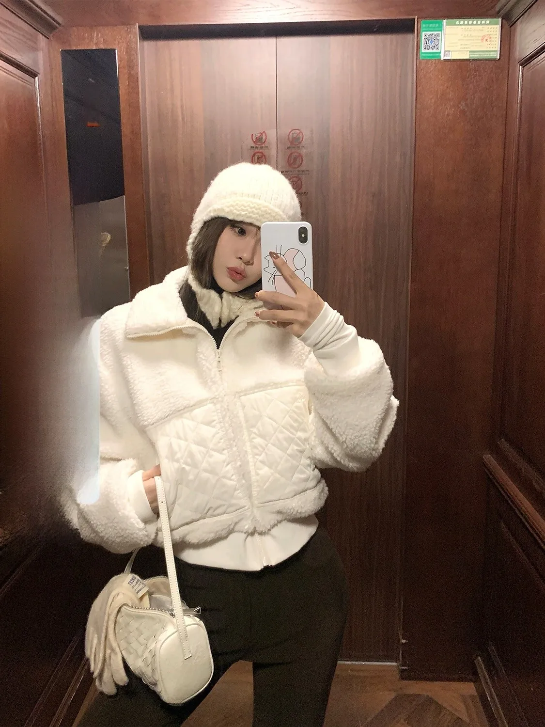 

Женская свободная посадка Alo Private Label с мехом ягненка или джет с ромбовидным узором в стиле пэчворк, зимняя верхняя одежда, повседневная застежка-молния