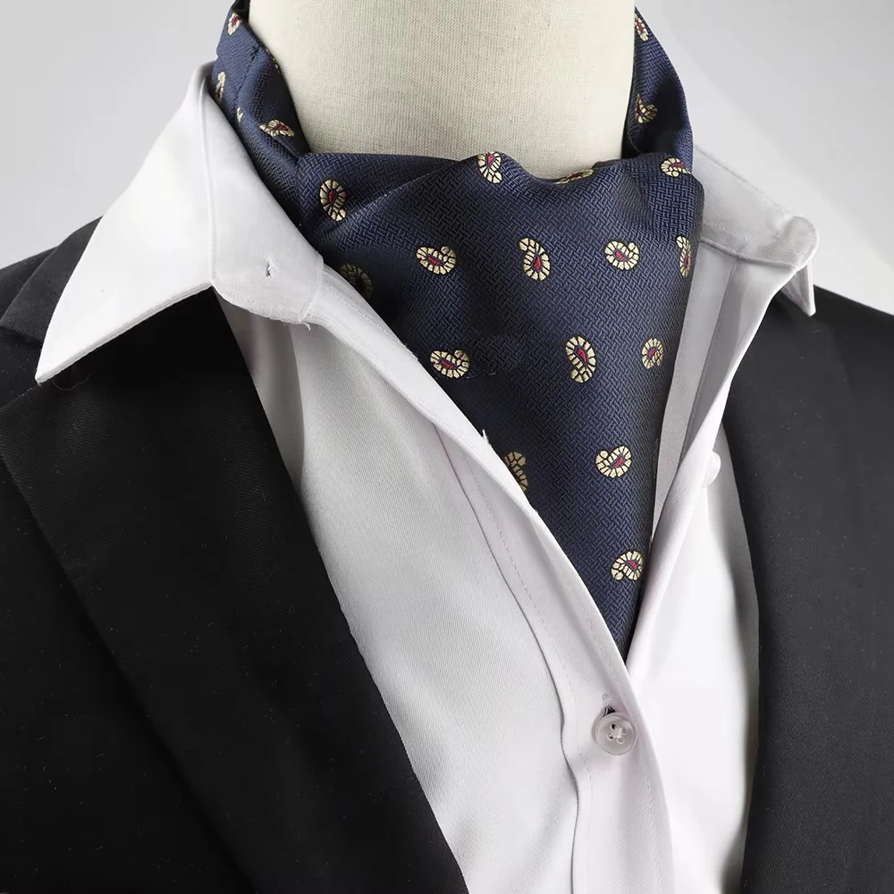 Men Navy Blue Small Floral Ascot Tie Classic Flower Pattern Cravat Formal Business Wedding Suit Neck Accessory Gentleman Gift